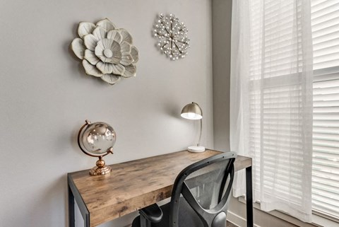 a desk with a mirror and a chair in a room with white blinds