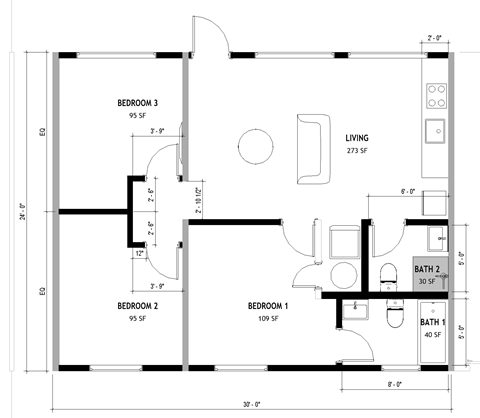 A floor plan of a house with three bedrooms and two bathrooms.