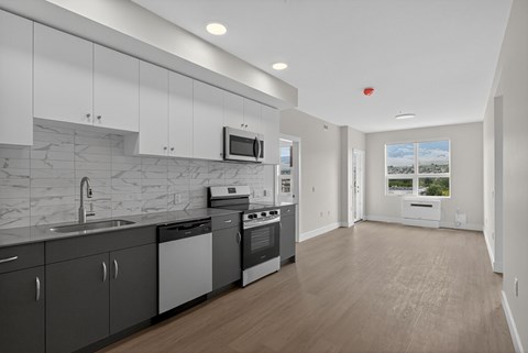 A modern kitchen with a marble backsplash and stainless steel appliances.