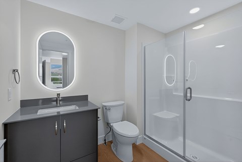 A bathroom with a sink, toilet, and shower.