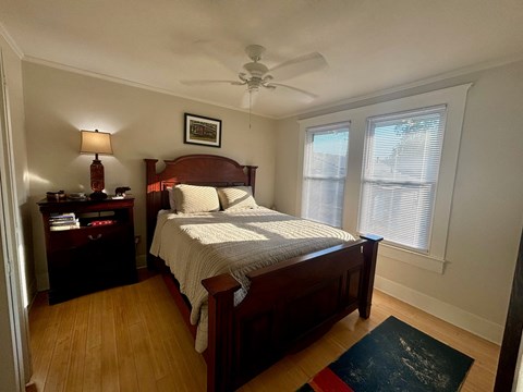 a bedroom with a bed and a ceiling fan