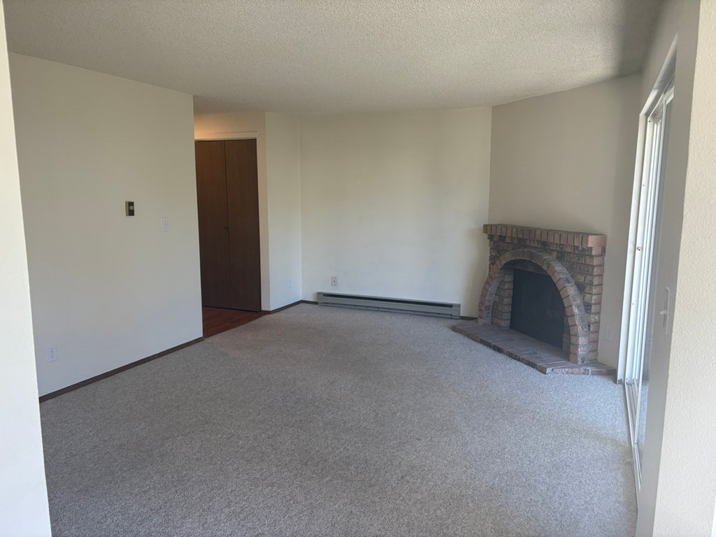 A room with a fireplace and a carpet.