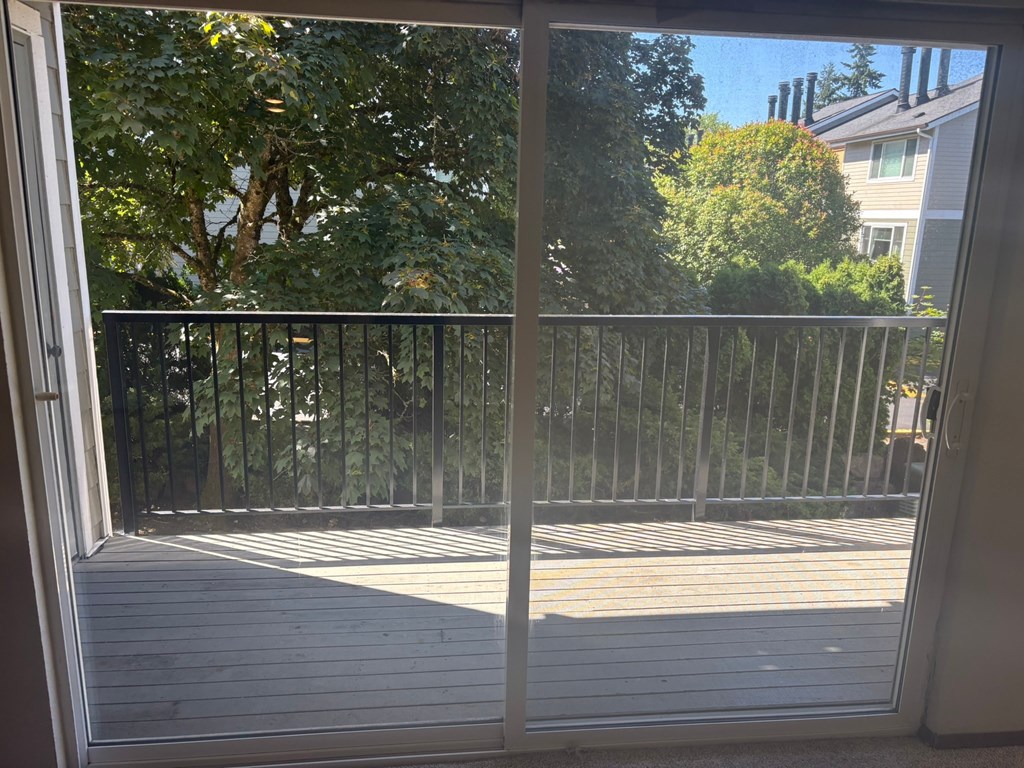 A view of a backyard through a sliding glass door.