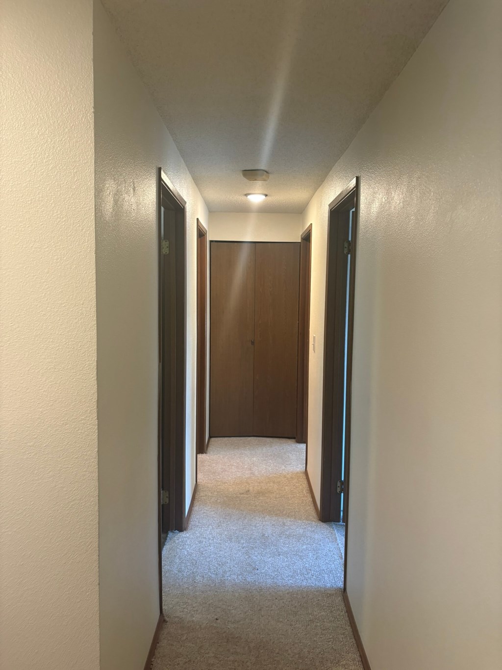 A hallway with carpeted floors and white walls.