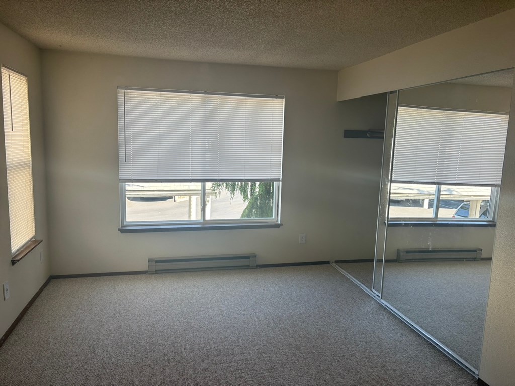 A room with a window and a carpeted floor.