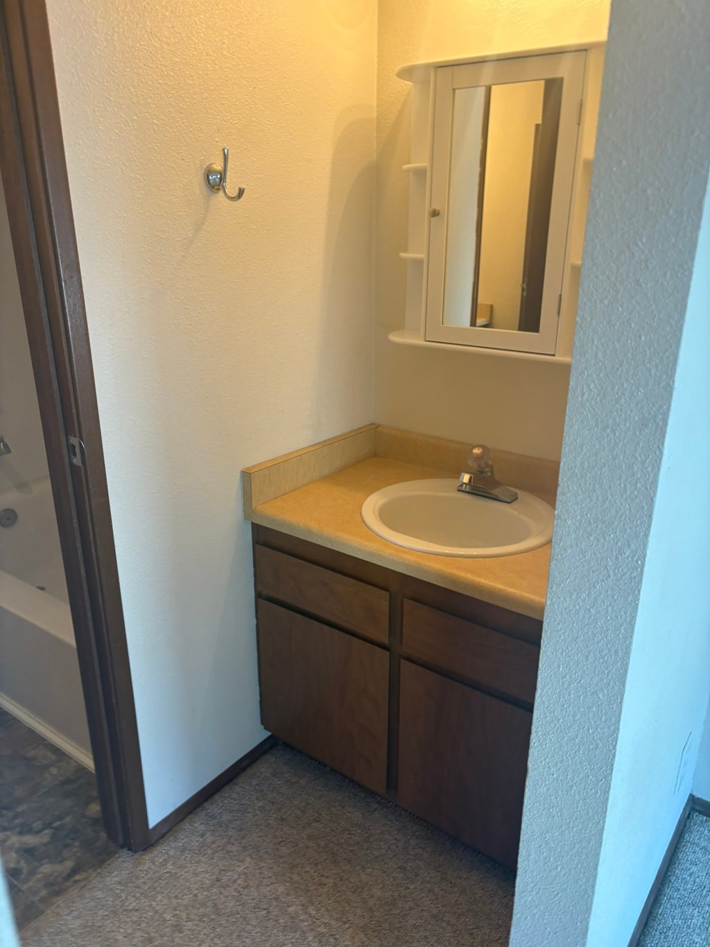 A bathroom with a sink and mirror.
