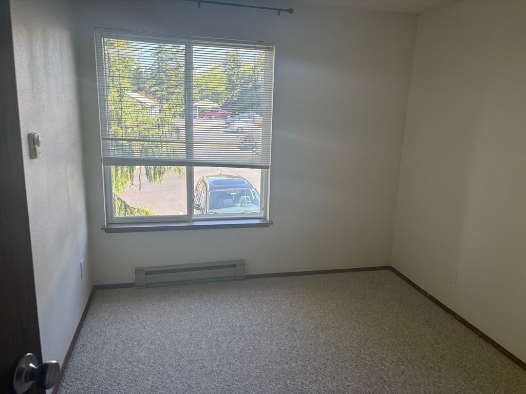 A room with a window showing a view of a car and trees outside.