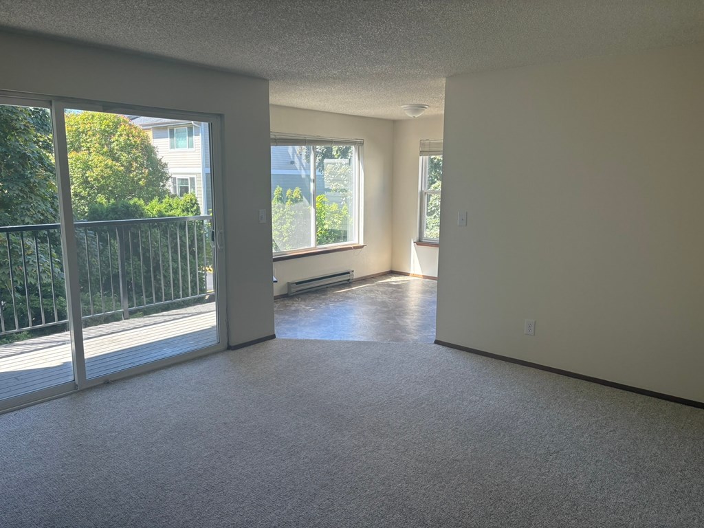 A spacious room with a view of the backyard through the sliding glass door.