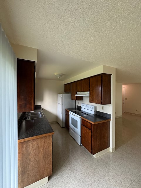A kitchen with wooden cabinets and a black counter top.