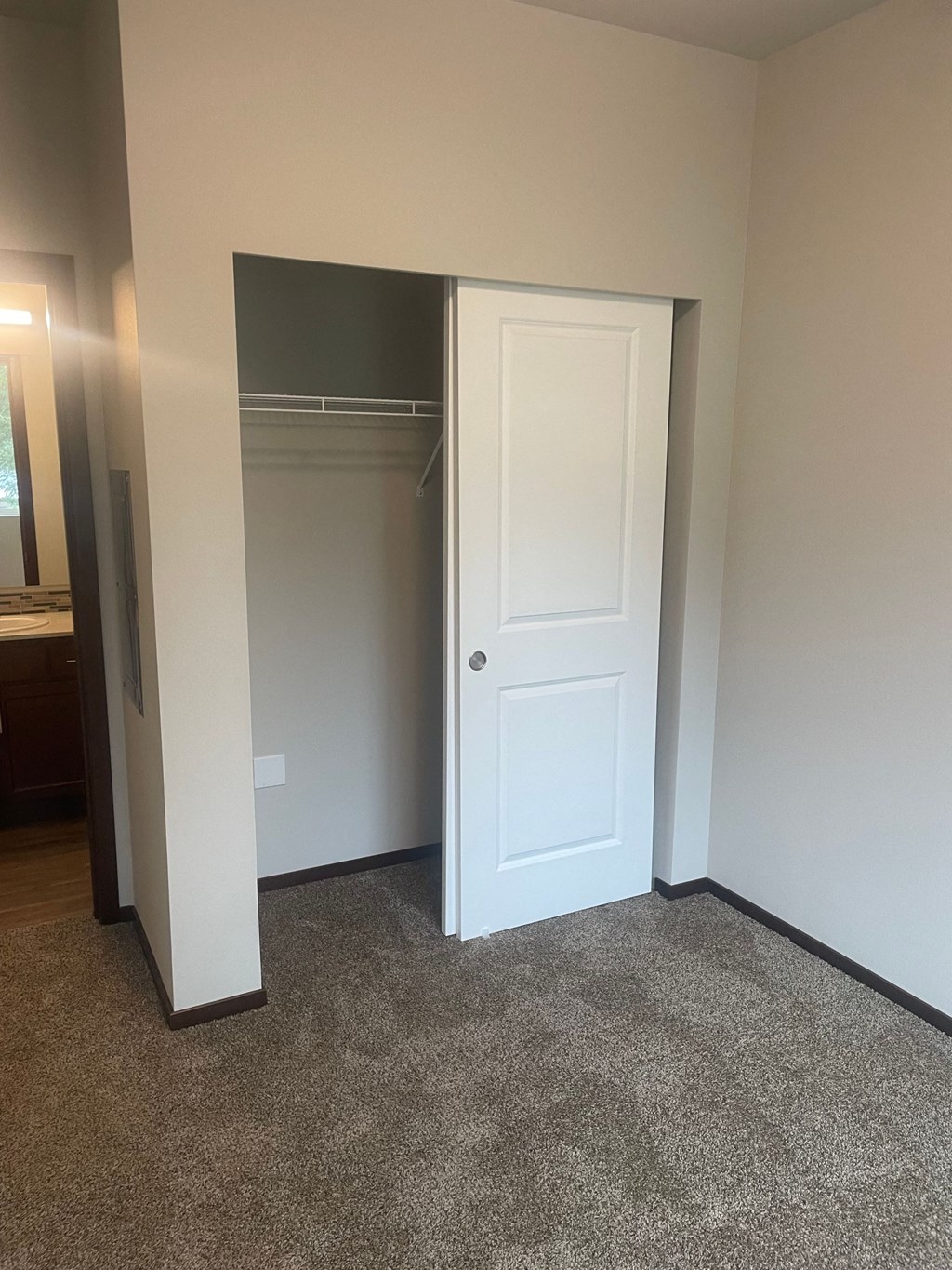 a room with a closet and a door to a wardrobe