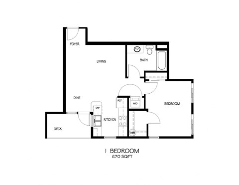 A black and white floor plan of a bedroom that is 670 square feet.