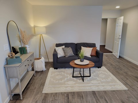 A living room with a grey couch, a wooden coffee table, and a white rug.