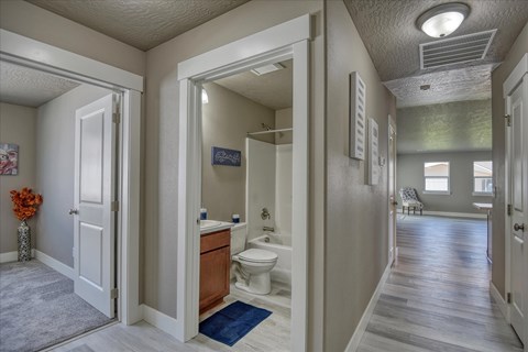 A bathroom with a toilet, sink, and mirror.