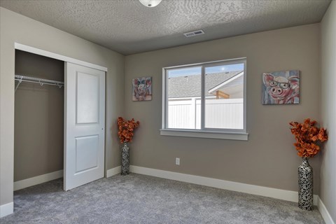 A room with a white door, two windows, and two vases with orange flowers.