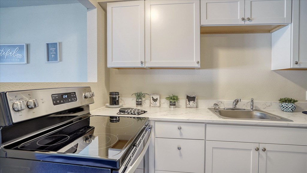 A kitchen with a stove, sink, and cabinets.