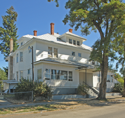 A white house with a grey roof and a tree in front.