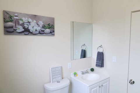 A bathroom with a toilet, sink, mirror, and a painting on the wall.