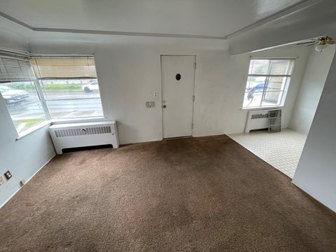 A room with brown carpet and a white door.