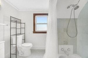 a white bathroom with a shower and a toilet