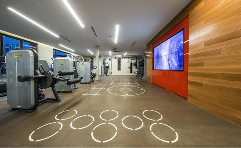 a gym with cardio machines and weights on the floor