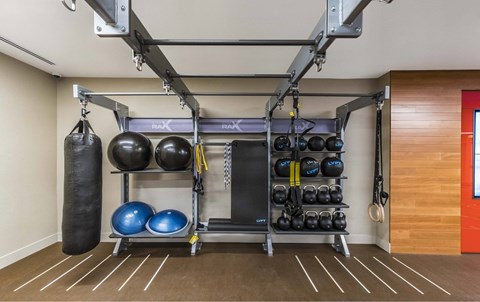 a home gym with a punching bag and weights on a rack