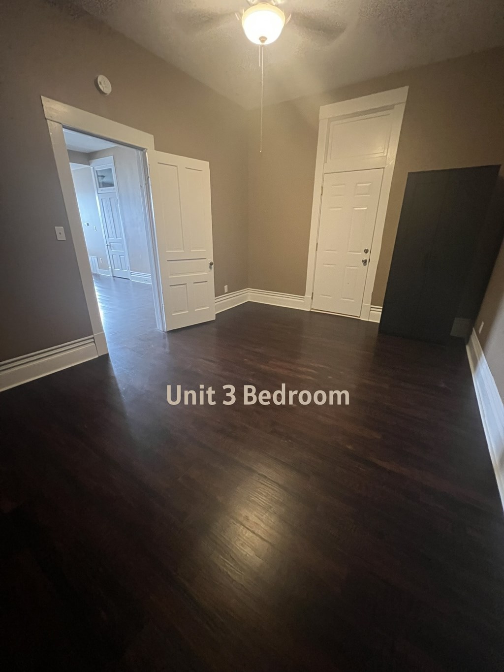 A bedroom with wood flooring and two white doors.