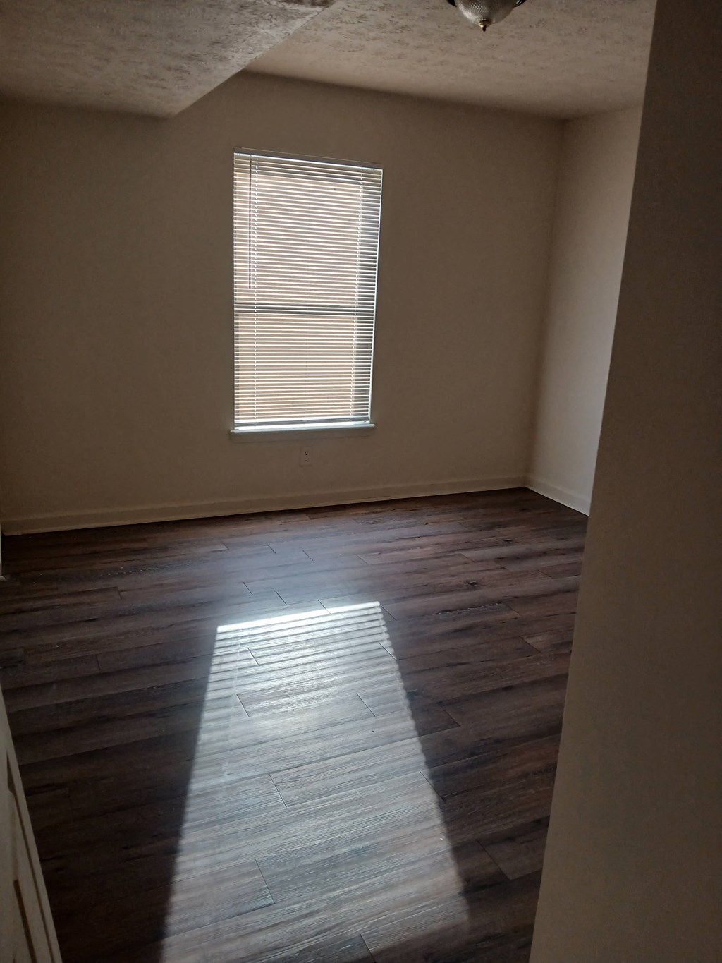 A room with wooden floors and a window with blinds.