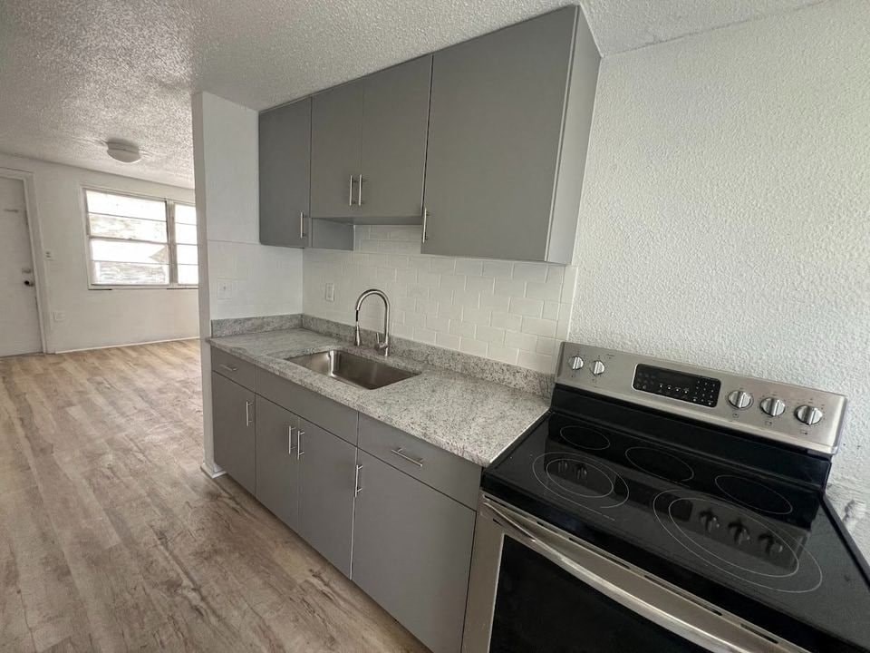 A kitchen with a stove, sink, and cabinets.