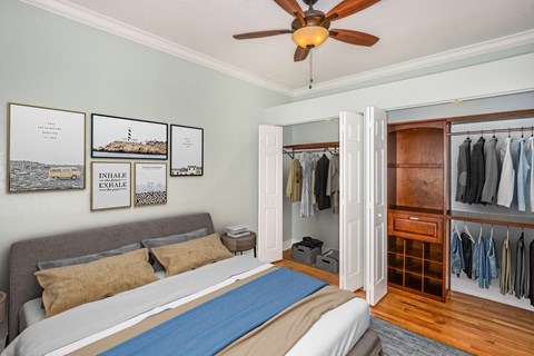 a bedroom with a bed and a closet