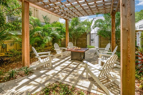 a patio with chairs and a table and a pergola