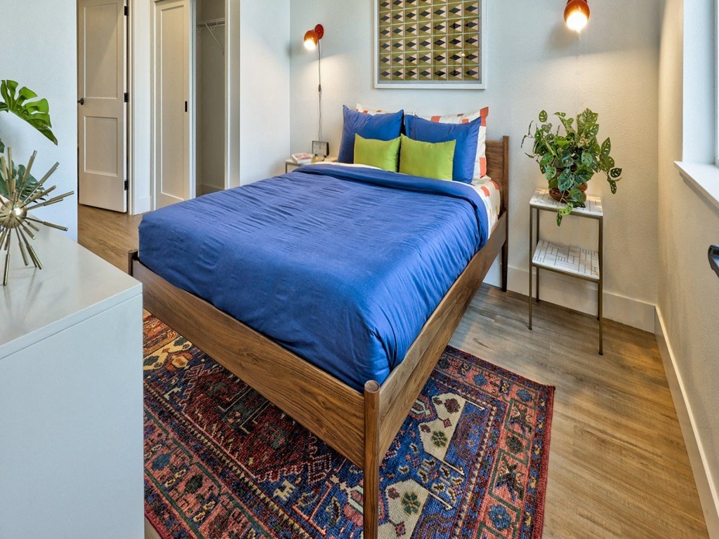 a bedroom with a bed and a rug