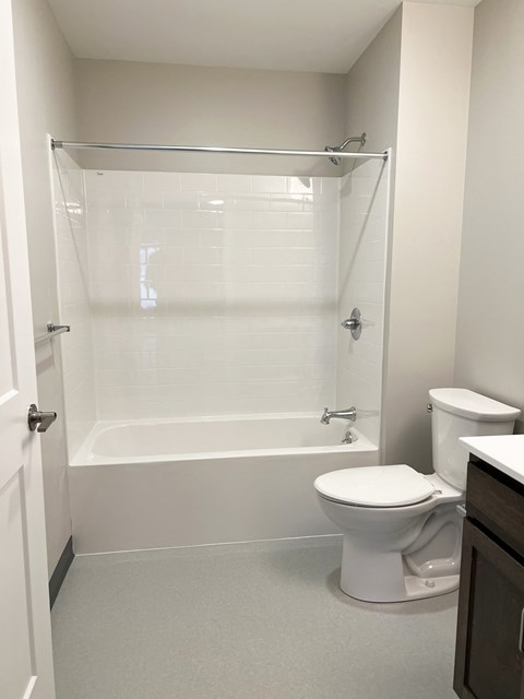 A white toilet sits next to a bathtub in a bathroom.