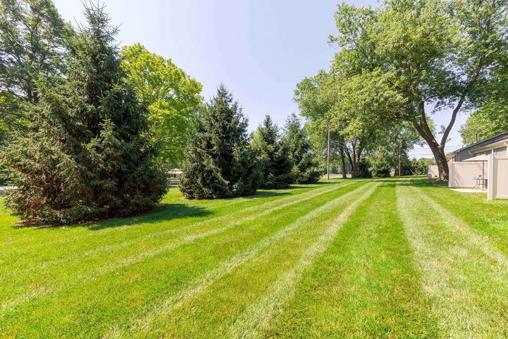 A large, well-maintained lawn with trees and a house in the background.