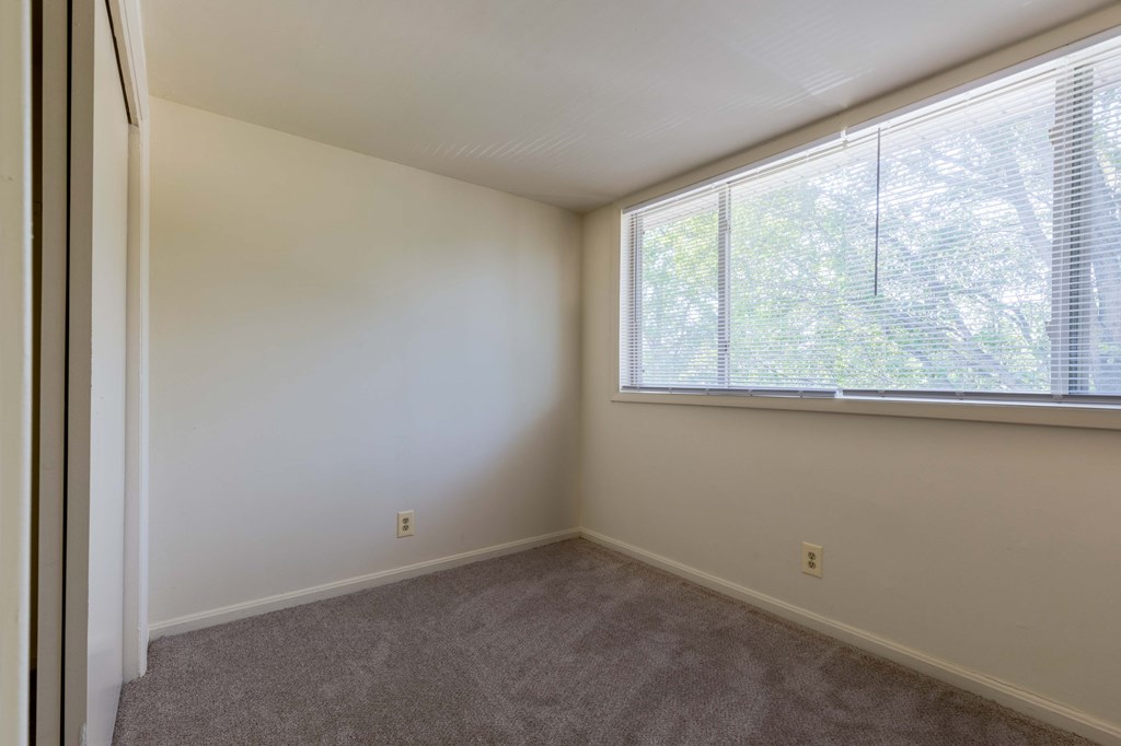 A room with a window and a carpeted floor.