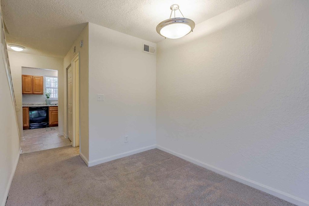A room with a carpeted floor and a ceiling light.