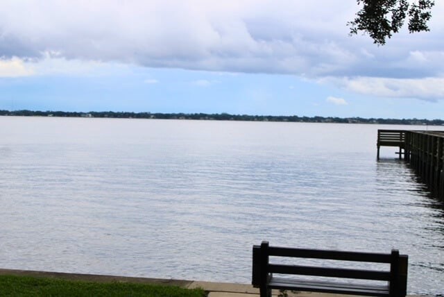 A bench sits on the shore of a lake.