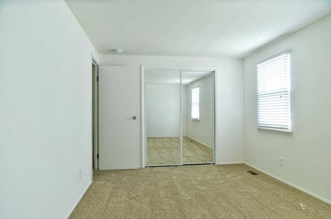 a bedroom with a mirror and a carpeted floor