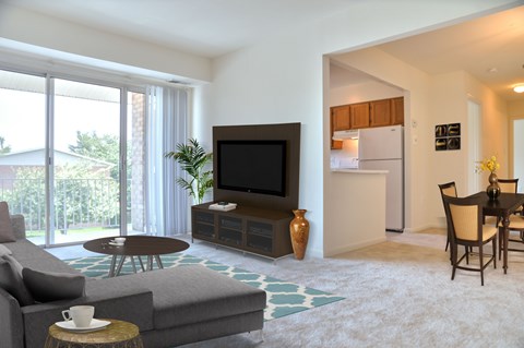A living room with a grey couch, a brown coffee table, a flat screen TV, a dining table with chairs, and a kitchen in the background.
