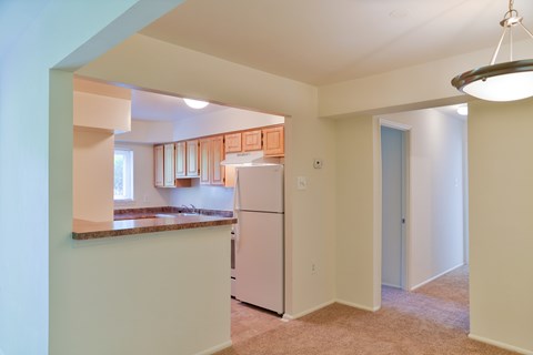 A kitchen with a white refrigerator and a counter top.