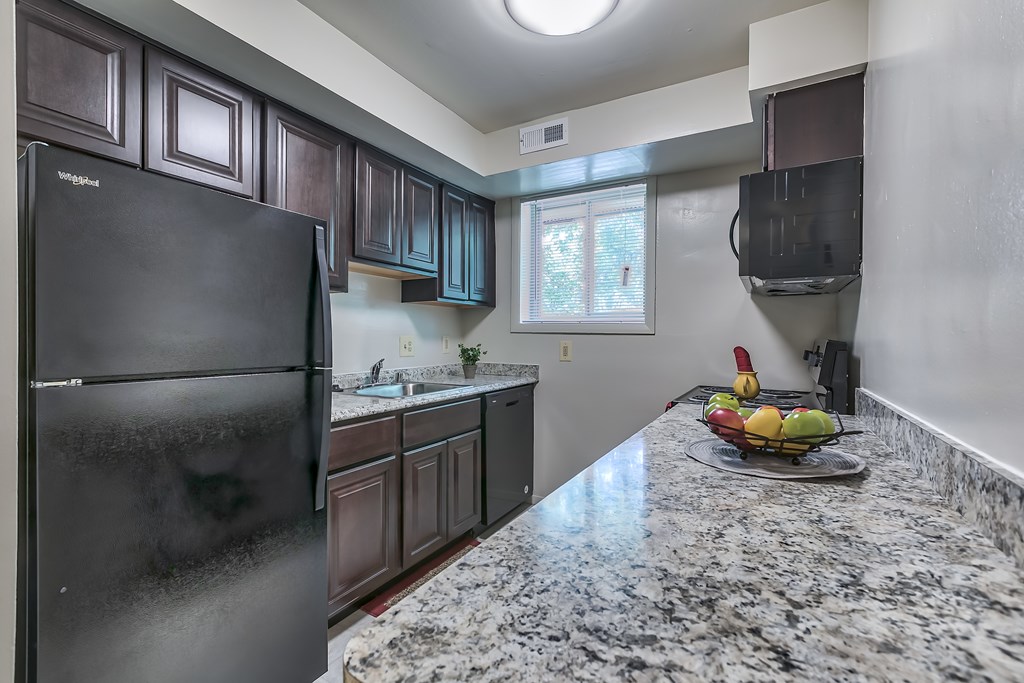 A kitchen with a black fridge and granite countertops.