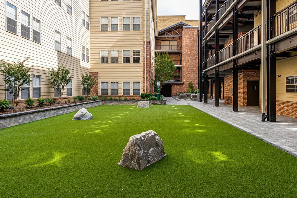 A grassy area with rocks in the middle of it.