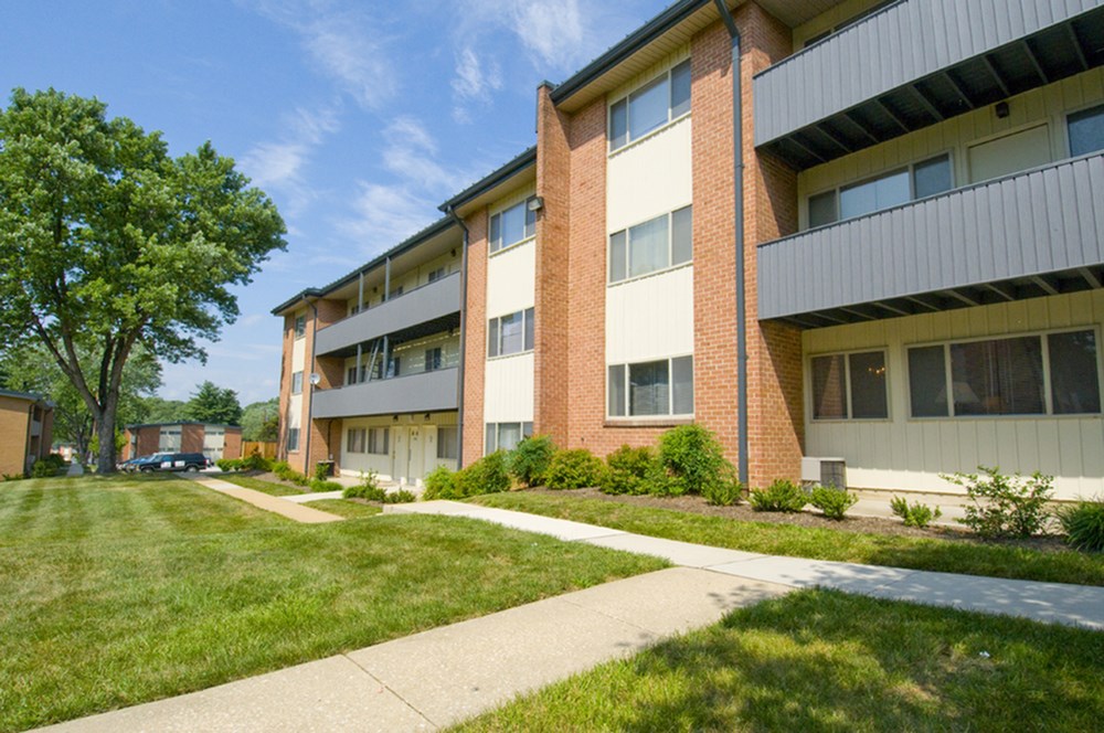 A grassy area in front of a building with a tree.