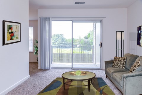 A living room with a grey couch and a coffee table.