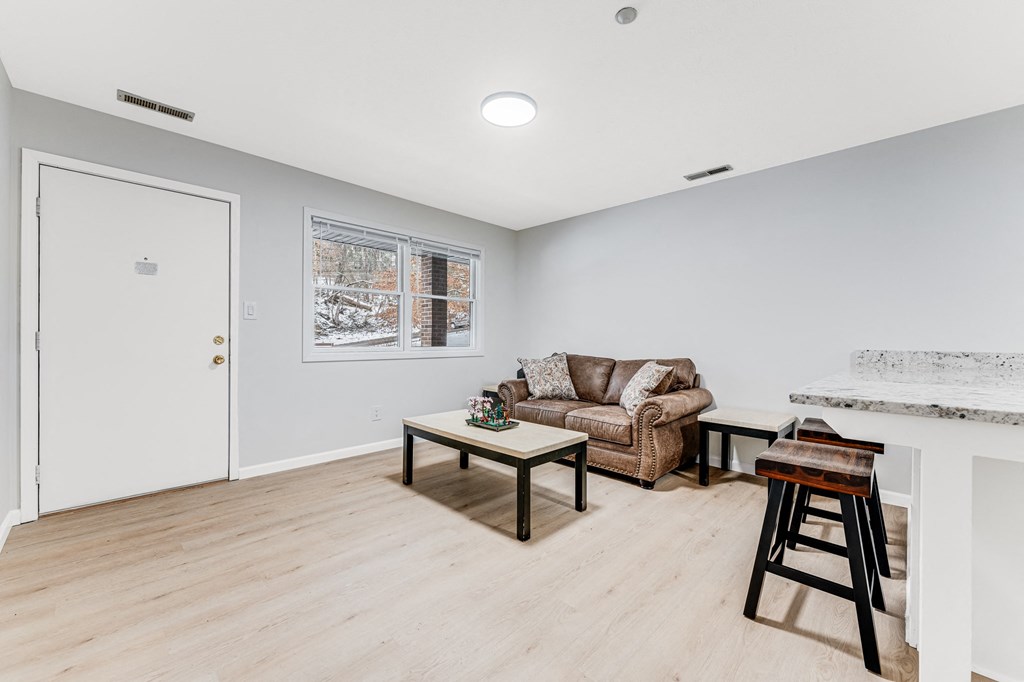 A living room with a couch, chair, and coffee table.