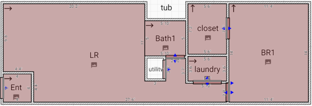 A floor plan of a room with a tub, closet, and laundry area.