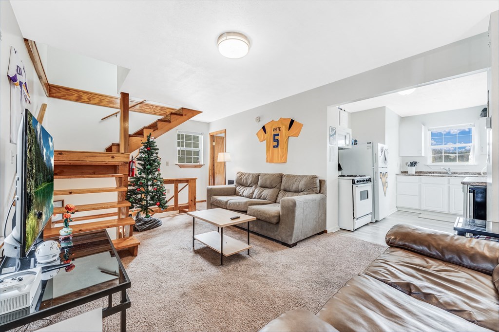A living room with a couch, a coffee table, and a Christmas tree.