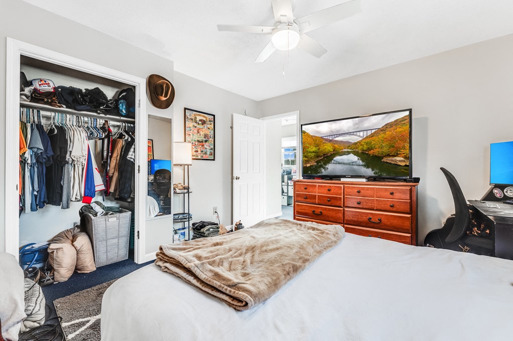 A bedroom with a bed, a dresser, a TV, and a closet.