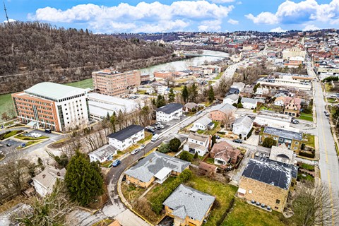 A small town with a river running through it.