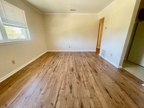 an empty room with hardwood flooring in an empty house