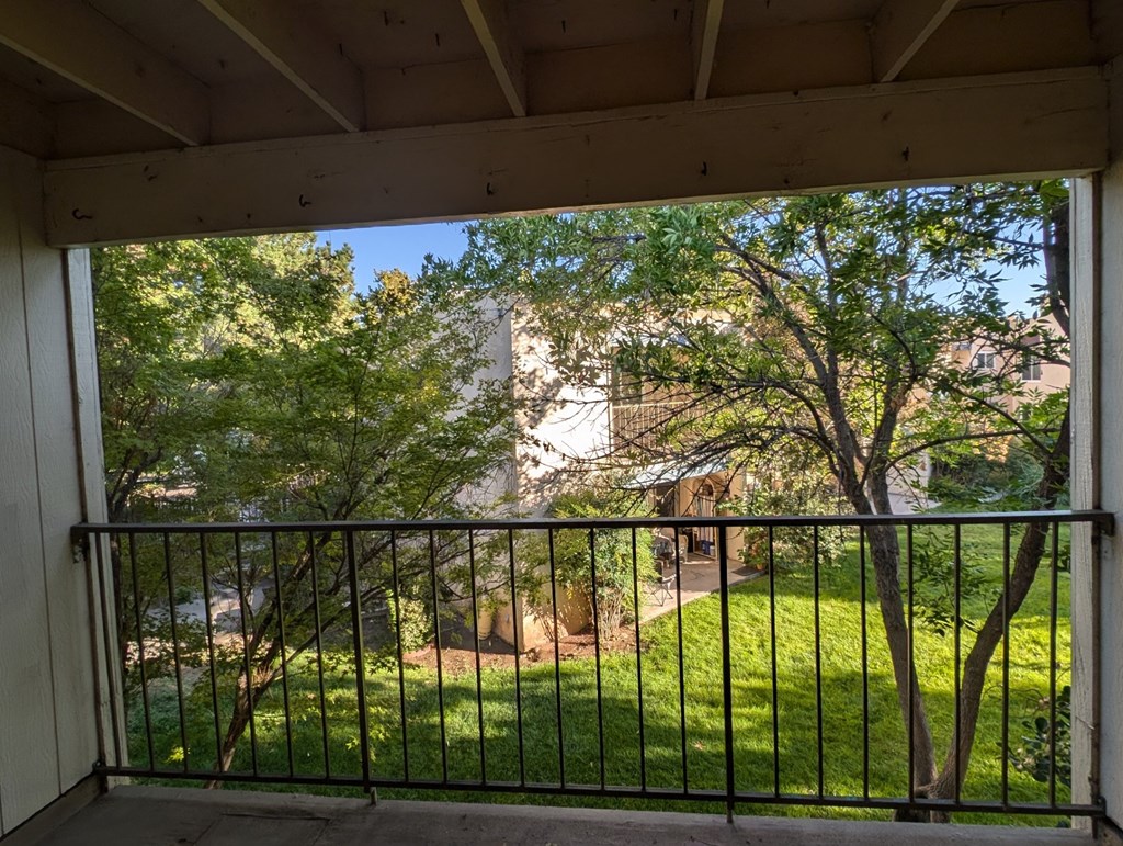 a view of a garden with trees and a building from a balcony